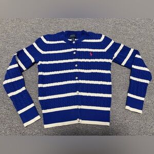 Polo Ralph Lauren Blue and White Striped Cable Knit Cardigan